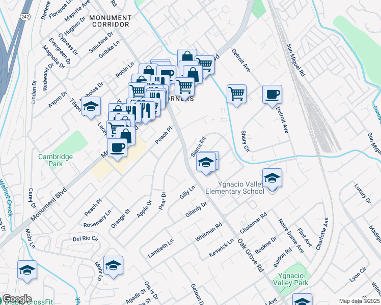 map of restaurants, bars, coffee shops, grocery stores, and more near 2005 Sierra Road in Concord