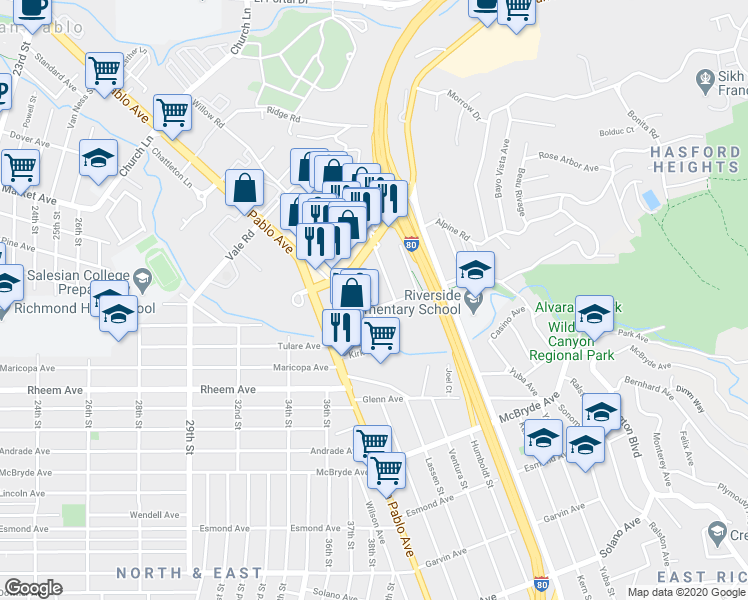 map of restaurants, bars, coffee shops, grocery stores, and more near 5201 Riverside Avenue in San Pablo