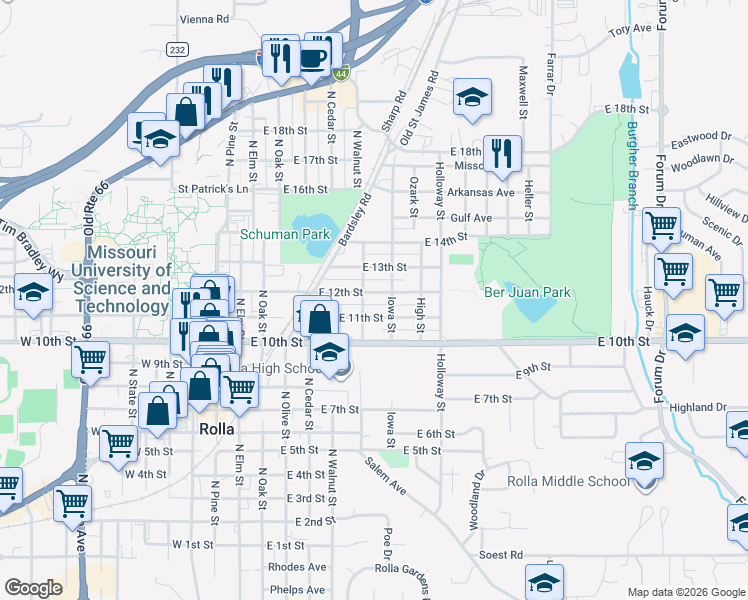 map of restaurants, bars, coffee shops, grocery stores, and more near 510 East 12th Street in Rolla