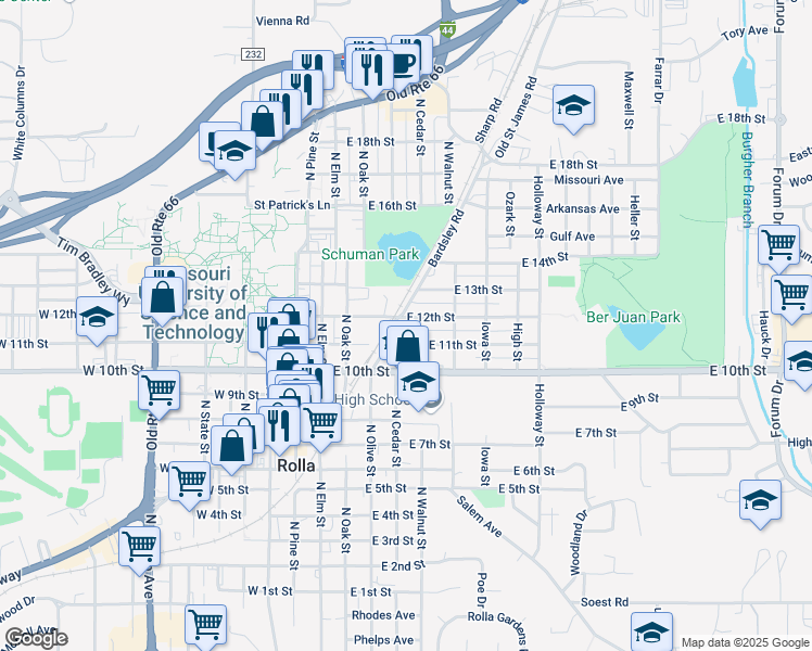 map of restaurants, bars, coffee shops, grocery stores, and more near 304 East 12th Street in Rolla