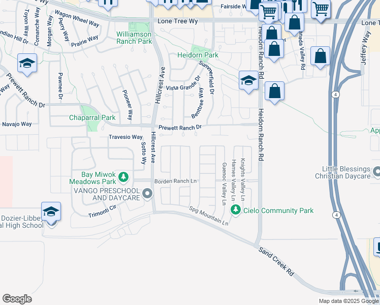 map of restaurants, bars, coffee shops, grocery stores, and more near 5345 Capay Valley Lane in Antioch