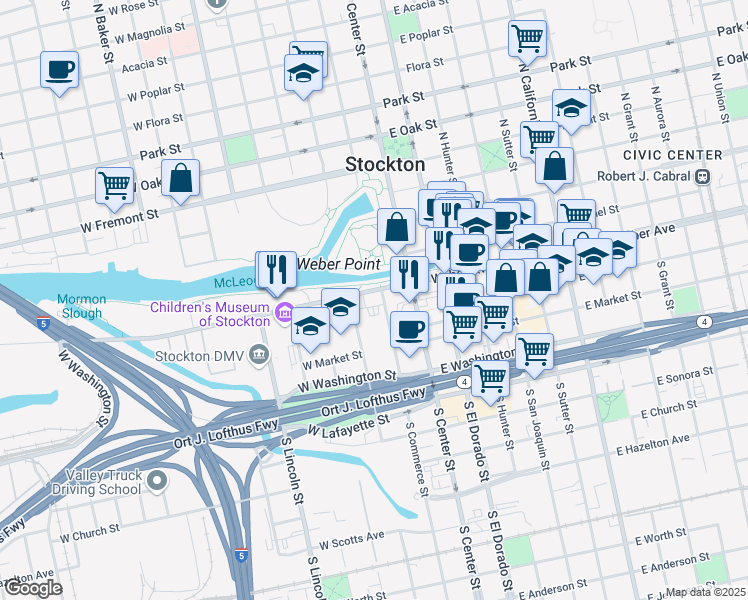 map of restaurants, bars, coffee shops, grocery stores, and more near 65 North Commerce Street in Stockton