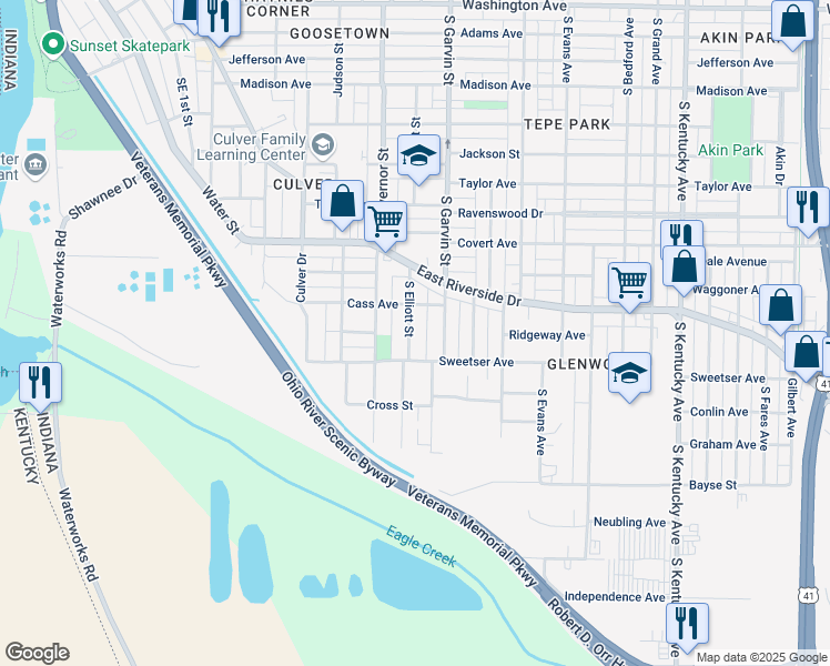map of restaurants, bars, coffee shops, grocery stores, and more near 1722 South Elliott Street in Evansville