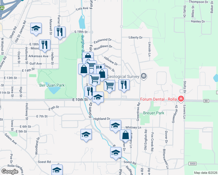 map of restaurants, bars, coffee shops, grocery stores, and more near 1318 Truman Avenue in Rolla