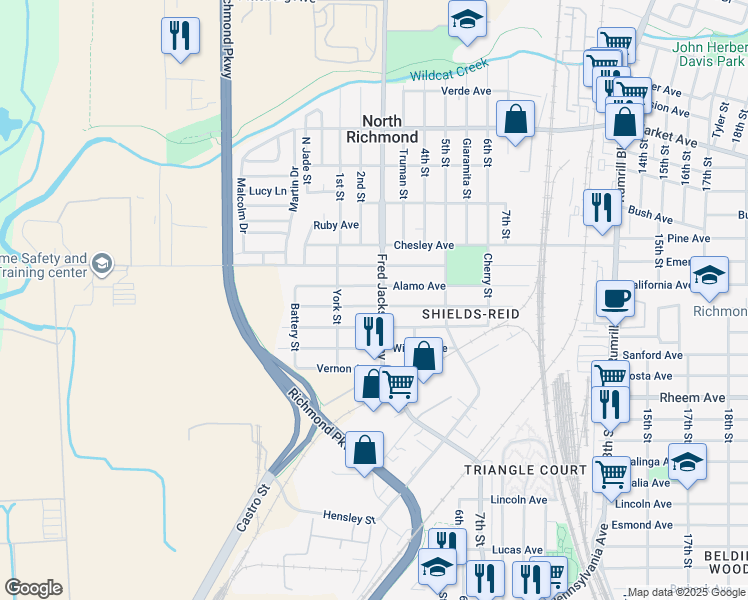 map of restaurants, bars, coffee shops, grocery stores, and more near 1353 Fred Jackson Way in Richmond