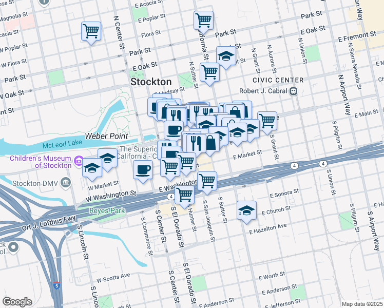 map of restaurants, bars, coffee shops, grocery stores, and more near 306 East Main Street in Stockton