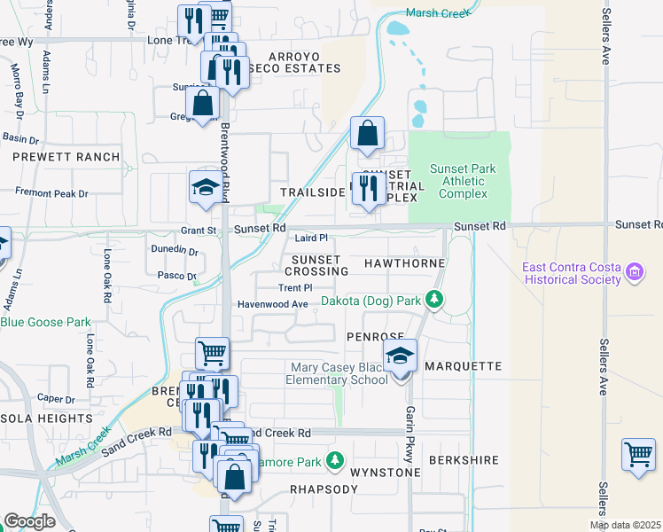 map of restaurants, bars, coffee shops, grocery stores, and more near 207 Kayla Place in Brentwood