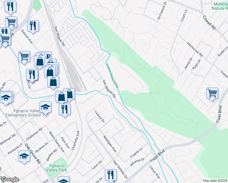 map of restaurants, bars, coffee shops, grocery stores, and more near 928 San Miguel Road in Concord