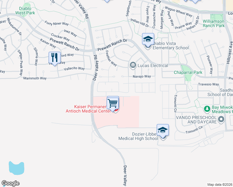 map of restaurants, bars, coffee shops, grocery stores, and more near 5244 Kestrel Street in Antioch