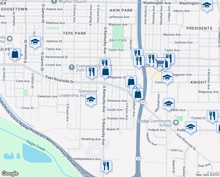 map of restaurants, bars, coffee shops, grocery stores, and more near 1705 South New York Avenue in Evansville