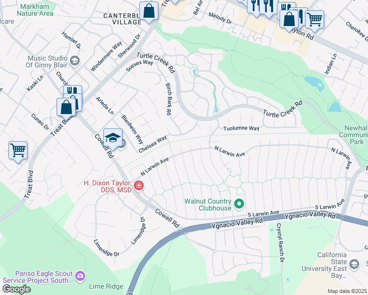 map of restaurants, bars, coffee shops, grocery stores, and more near 4393 North Prairie Willow Court in Concord