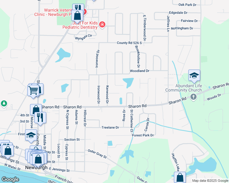 map of restaurants, bars, coffee shops, grocery stores, and more near 8922 Andrea Court in Newburgh