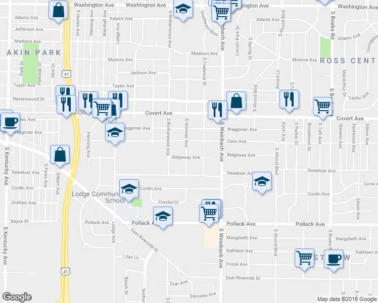 map of restaurants, bars, coffee shops, grocery stores, and more near 1718 South Norman Avenue in Evansville