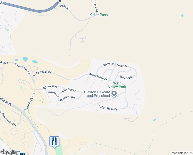 map of restaurants, bars, coffee shops, grocery stores, and more near 301 Windmill Canyon Place in Clayton