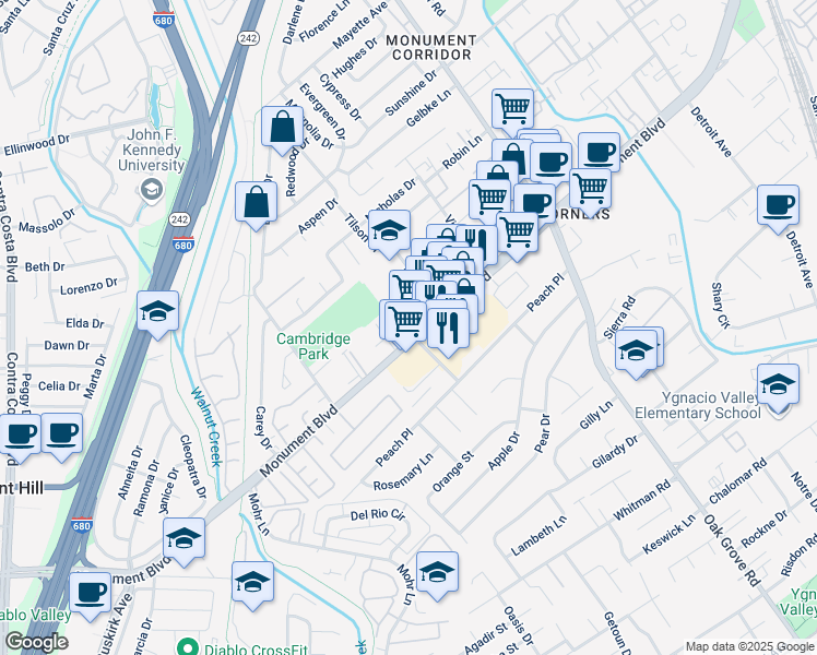 map of restaurants, bars, coffee shops, grocery stores, and more near 1511 Monument Boulevard in Concord