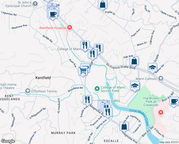 map of restaurants, bars, coffee shops, grocery stores, and more near 11-15 Stadium Way in Kentfield