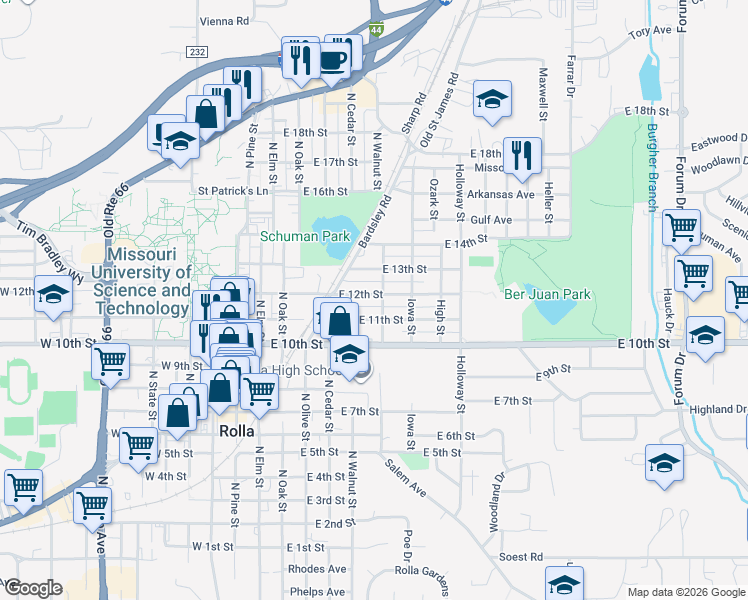 map of restaurants, bars, coffee shops, grocery stores, and more near 508 East 12th Street in Rolla