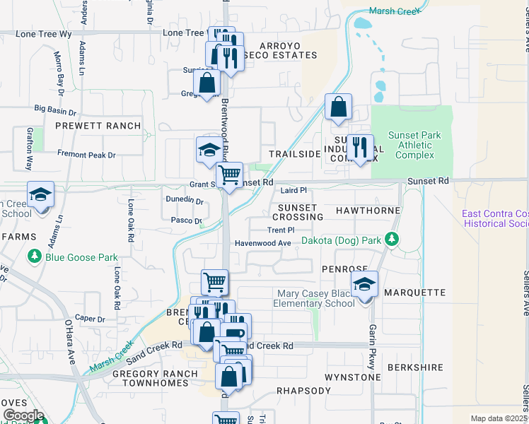 map of restaurants, bars, coffee shops, grocery stores, and more near 1905 Jane Way in Brentwood