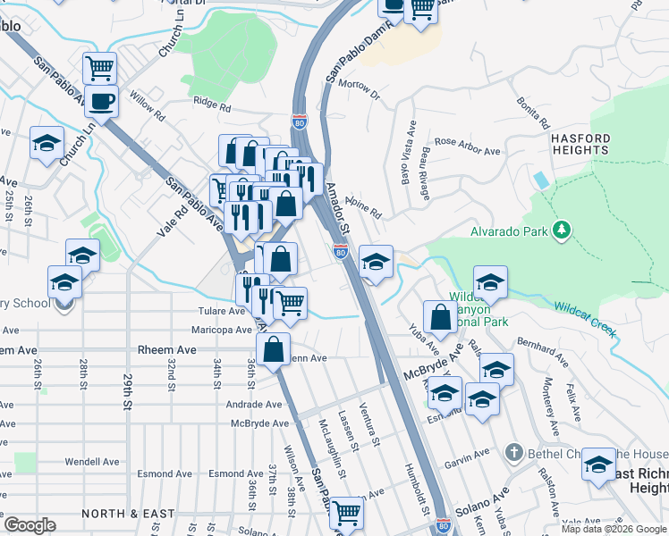 map of restaurants, bars, coffee shops, grocery stores, and more near 5296 Riverside Avenue in San Pablo