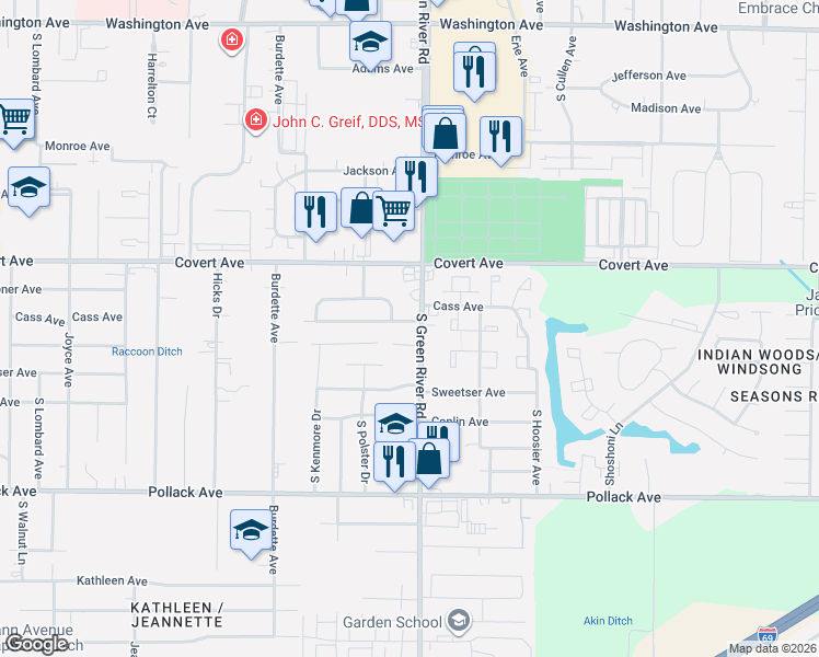 map of restaurants, bars, coffee shops, grocery stores, and more near 1701 South Green River Road in Evansville