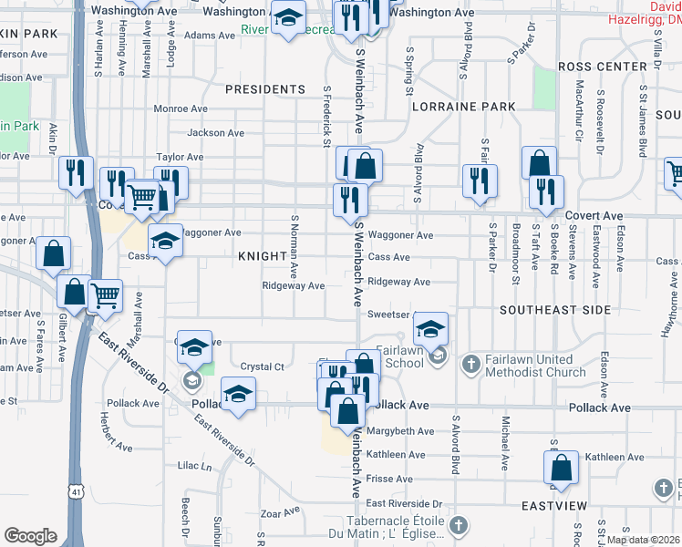 map of restaurants, bars, coffee shops, grocery stores, and more near 1712 South Frederick Street in Evansville