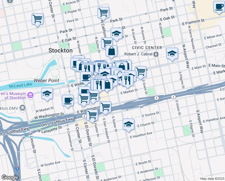 map of restaurants, bars, coffee shops, grocery stores, and more near 400 East Main Street in Stockton