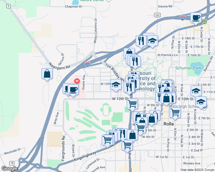 map of restaurants, bars, coffee shops, grocery stores, and more near 901 West 12th Street in Rolla