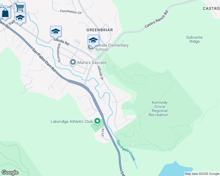map of restaurants, bars, coffee shops, grocery stores, and more near 6171 Hillside Drive in El Sobrante