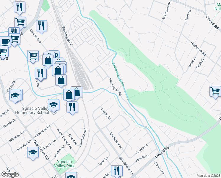 map of restaurants, bars, coffee shops, grocery stores, and more near 2970 Lane Drive in Concord