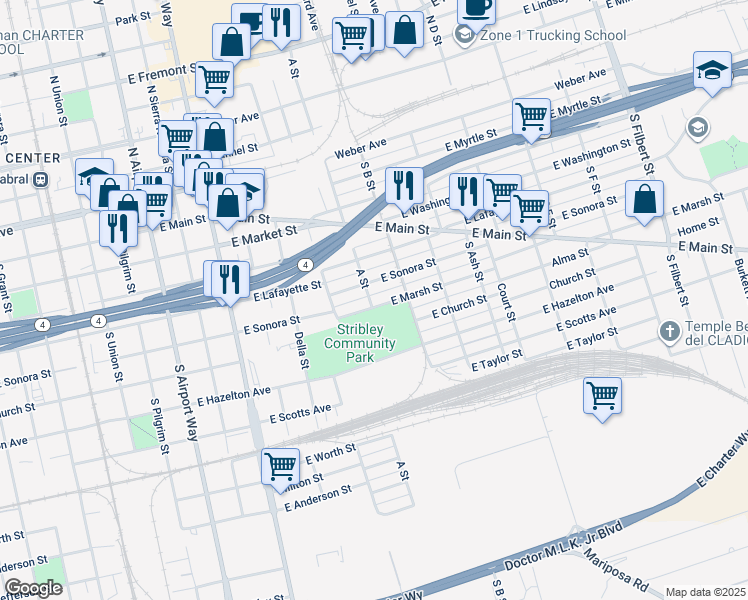 map of restaurants, bars, coffee shops, grocery stores, and more near 1905 E Marsh St in Stockton
