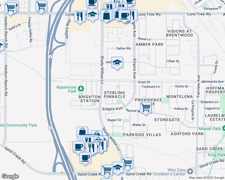 map of restaurants, bars, coffee shops, grocery stores, and more near 2241 Barcelona Way in Brentwood