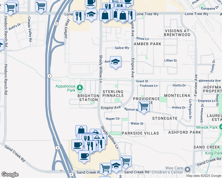 map of restaurants, bars, coffee shops, grocery stores, and more near 2241 Barcelona Way in Brentwood