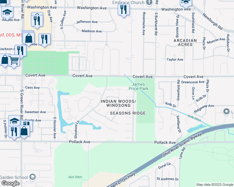 map of restaurants, bars, coffee shops, grocery stores, and more near 1717 Greencastle Drive in Evansville