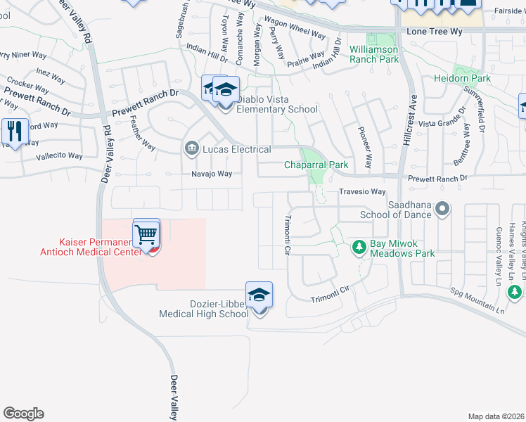 map of restaurants, bars, coffee shops, grocery stores, and more near 5240 Grass Valley Way in Antioch