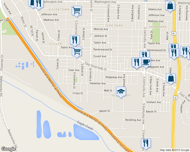 map of restaurants, bars, coffee shops, grocery stores, and more near 1733 S Morton Ave in Evansville