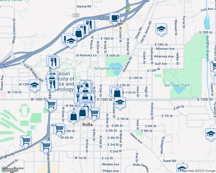 map of restaurants, bars, coffee shops, grocery stores, and more near 206 East 12th Street in Rolla