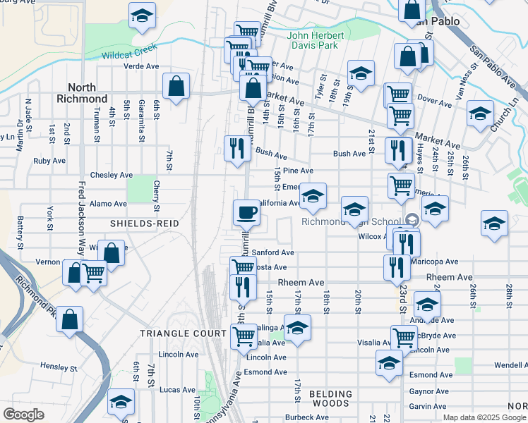 map of restaurants, bars, coffee shops, grocery stores, and more near 1318 California Avenue in San Pablo