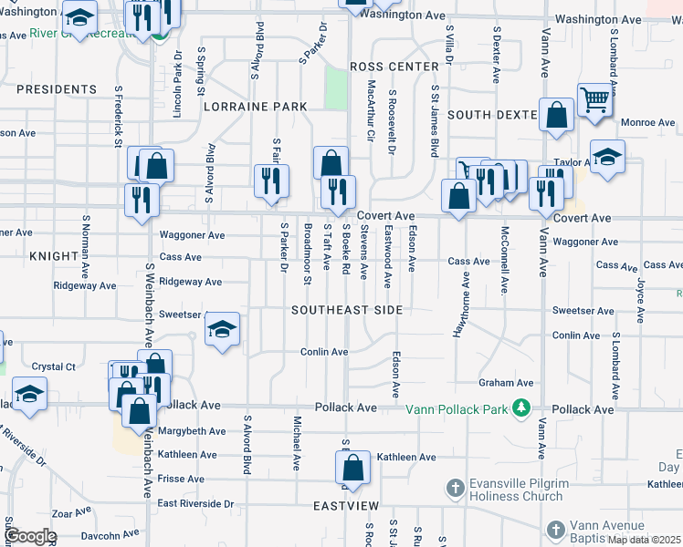 map of restaurants, bars, coffee shops, grocery stores, and more near 1709 South Boeke Road in Evansville
