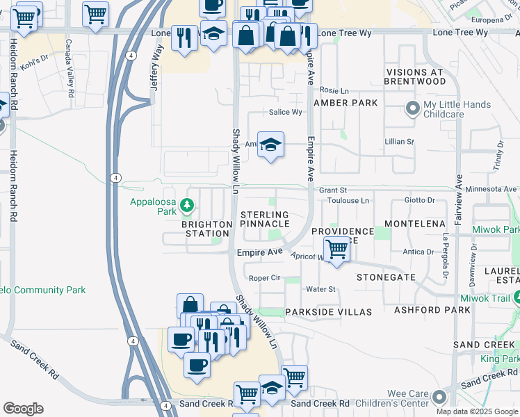 map of restaurants, bars, coffee shops, grocery stores, and more near 2241 Barcelona Way in Brentwood