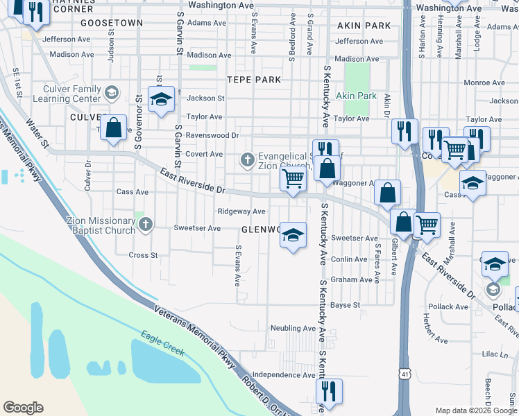 map of restaurants, bars, coffee shops, grocery stores, and more near 816 Ridgeway Avenue in Evansville