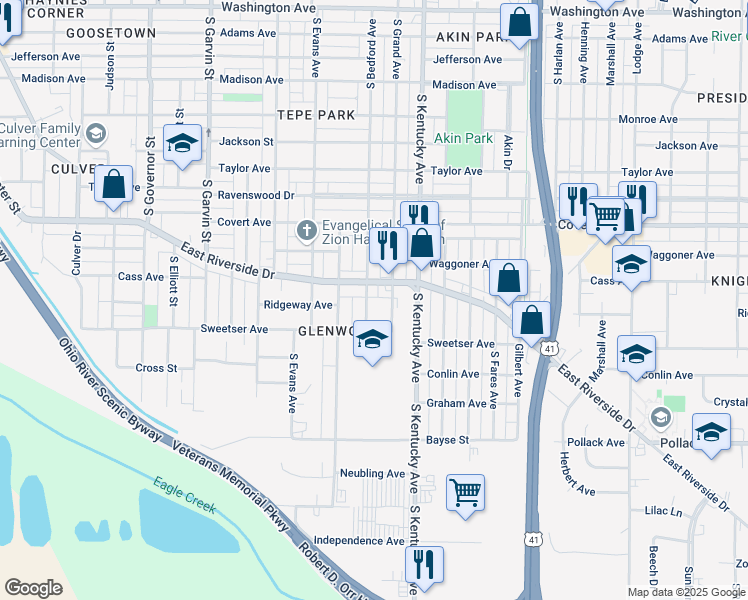 map of restaurants, bars, coffee shops, grocery stores, and more near 1711 South Bedford Avenue in Evansville