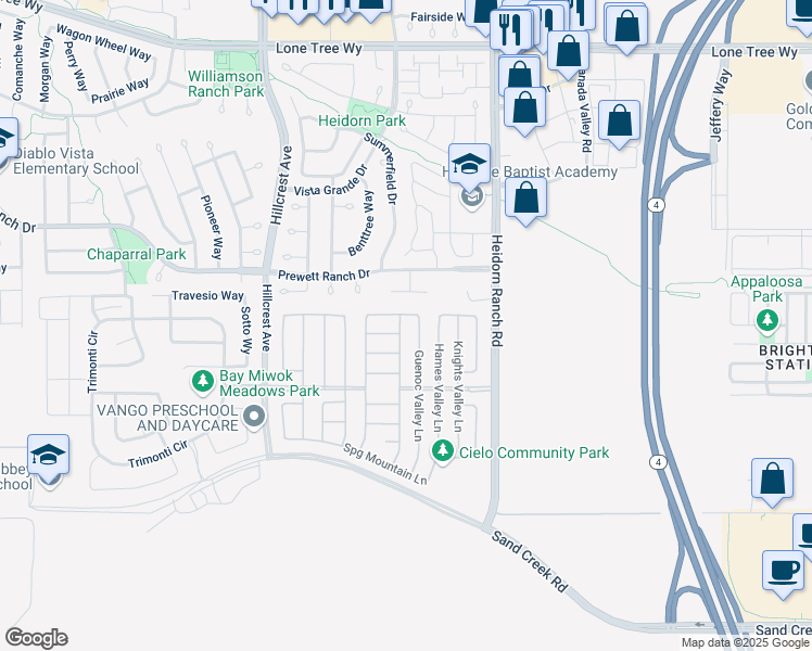 map of restaurants, bars, coffee shops, grocery stores, and more near 5305 McDowell Valley Lane in Antioch