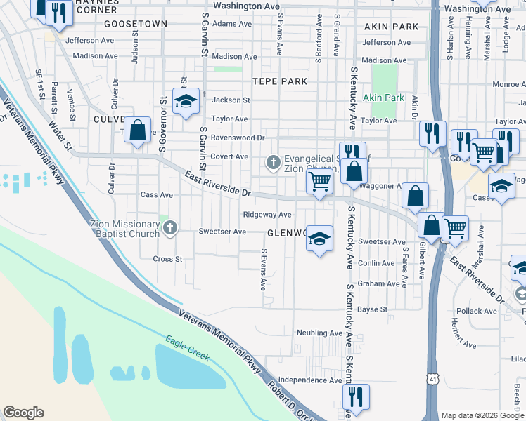 map of restaurants, bars, coffee shops, grocery stores, and more near 730 Ridgeway Avenue in Evansville