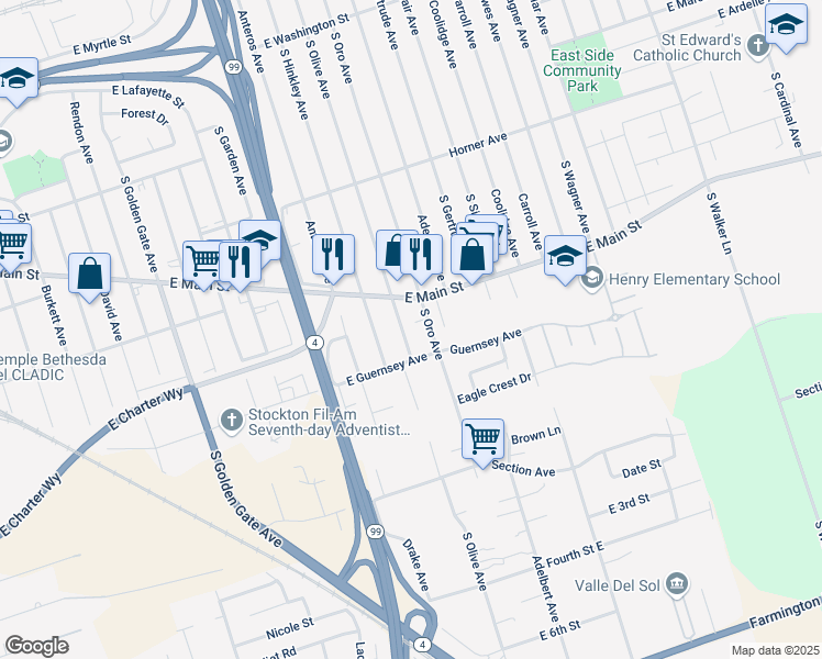 map of restaurants, bars, coffee shops, grocery stores, and more near 1124 S Olive Ave in Stockton