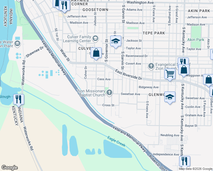 map of restaurants, bars, coffee shops, grocery stores, and more near 1718 South Governor Street in Evansville