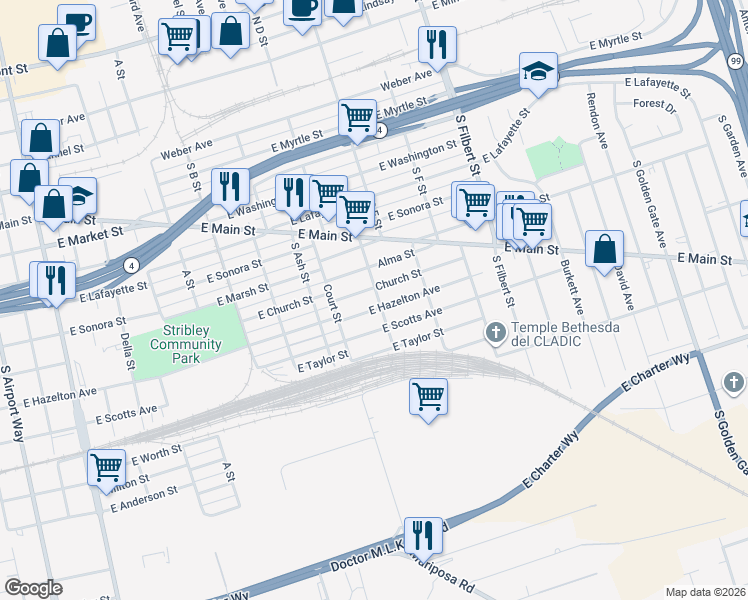 map of restaurants, bars, coffee shops, grocery stores, and more near 519 South Mc Donell Avenue in Stockton