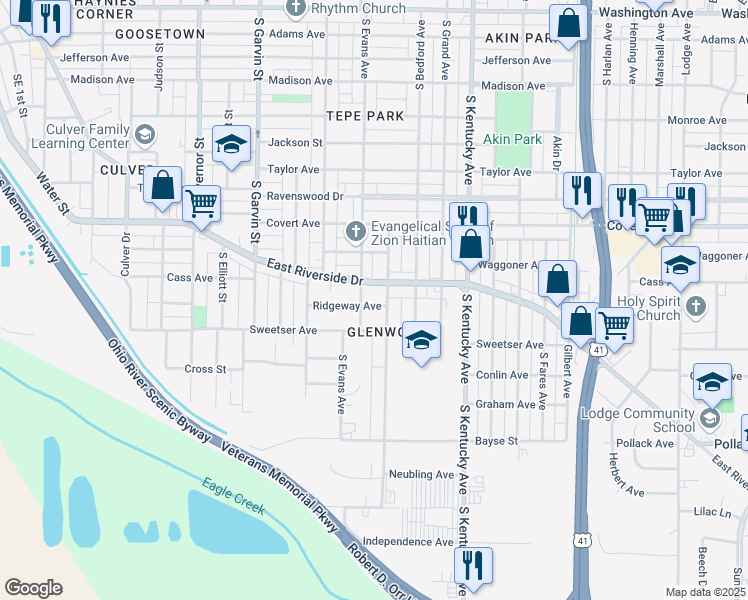 map of restaurants, bars, coffee shops, grocery stores, and more near 816 Ridgeway Avenue in Evansville