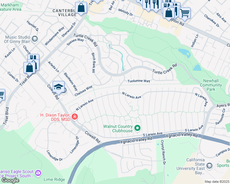 map of restaurants, bars, coffee shops, grocery stores, and more near 4395 North Marsh Elder Court in Concord