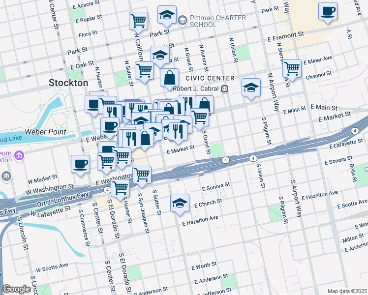 map of restaurants, bars, coffee shops, grocery stores, and more near 621 East Market Street in Stockton