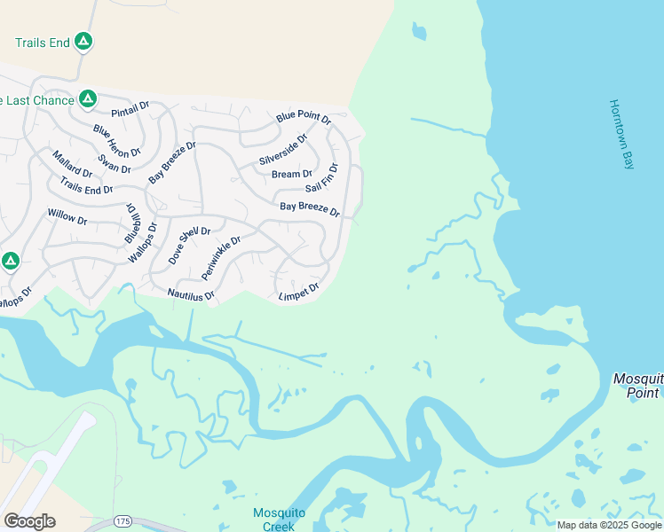 map of restaurants, bars, coffee shops, grocery stores, and more near Bay Breeze Drive in Horntown